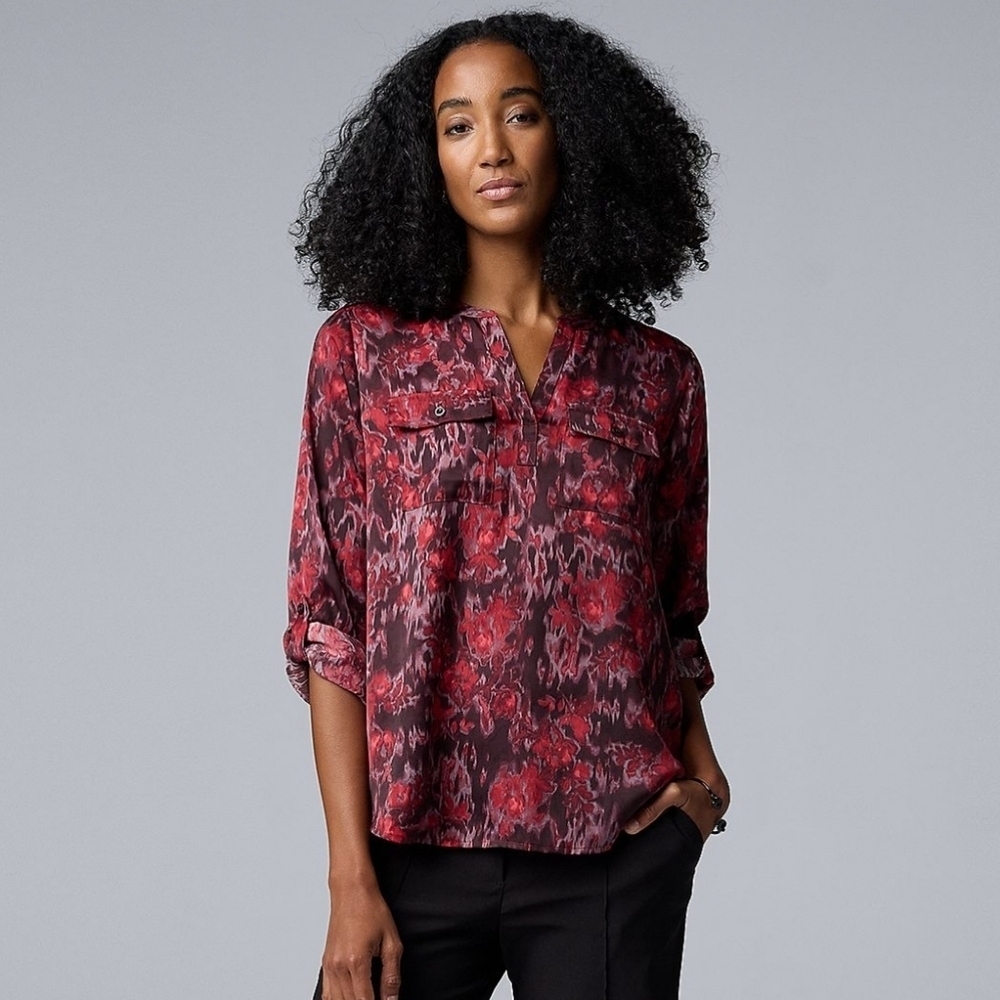 Simply Vera Vera Wang Red And Purple Print Blouse Size Large